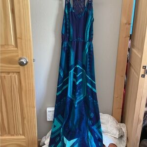 Vanity Blue Teal Geometric Lace Maxi Dress Sleeveless Strappy Size S